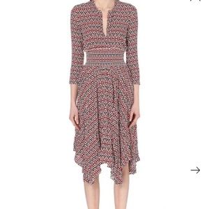 Maje Rayi Geometric Print Asymmetrical Hem Crepe Dress Sz 1/S